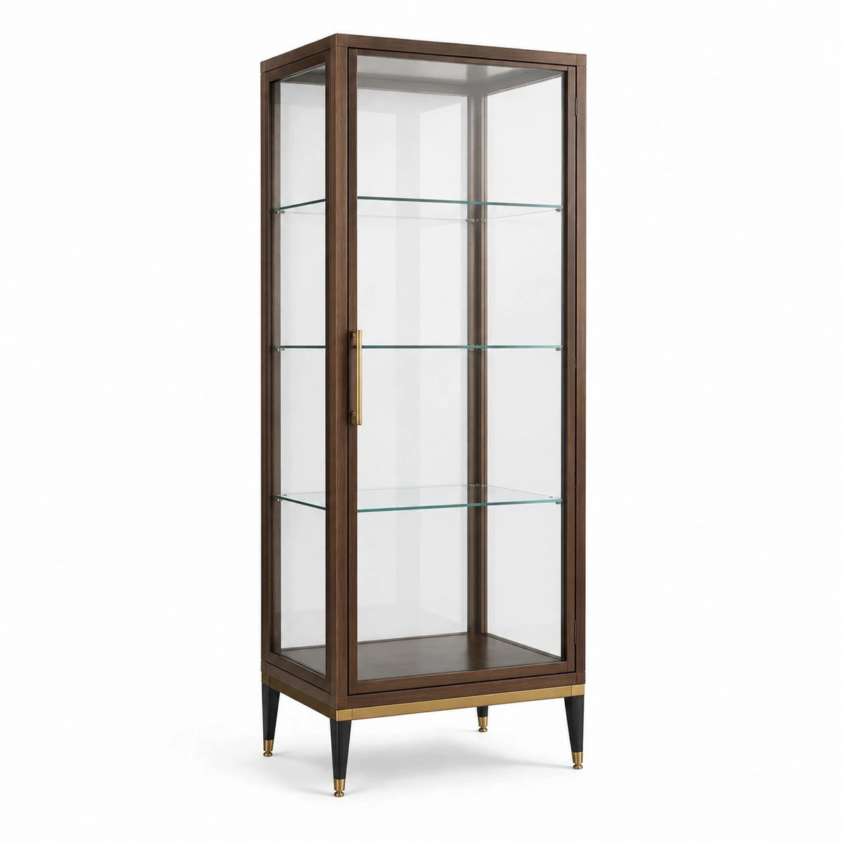 Vitrine en bois brun et verre transparent, détails dorés et noirs, 3 étagères, 80 x 40 x 190 cm