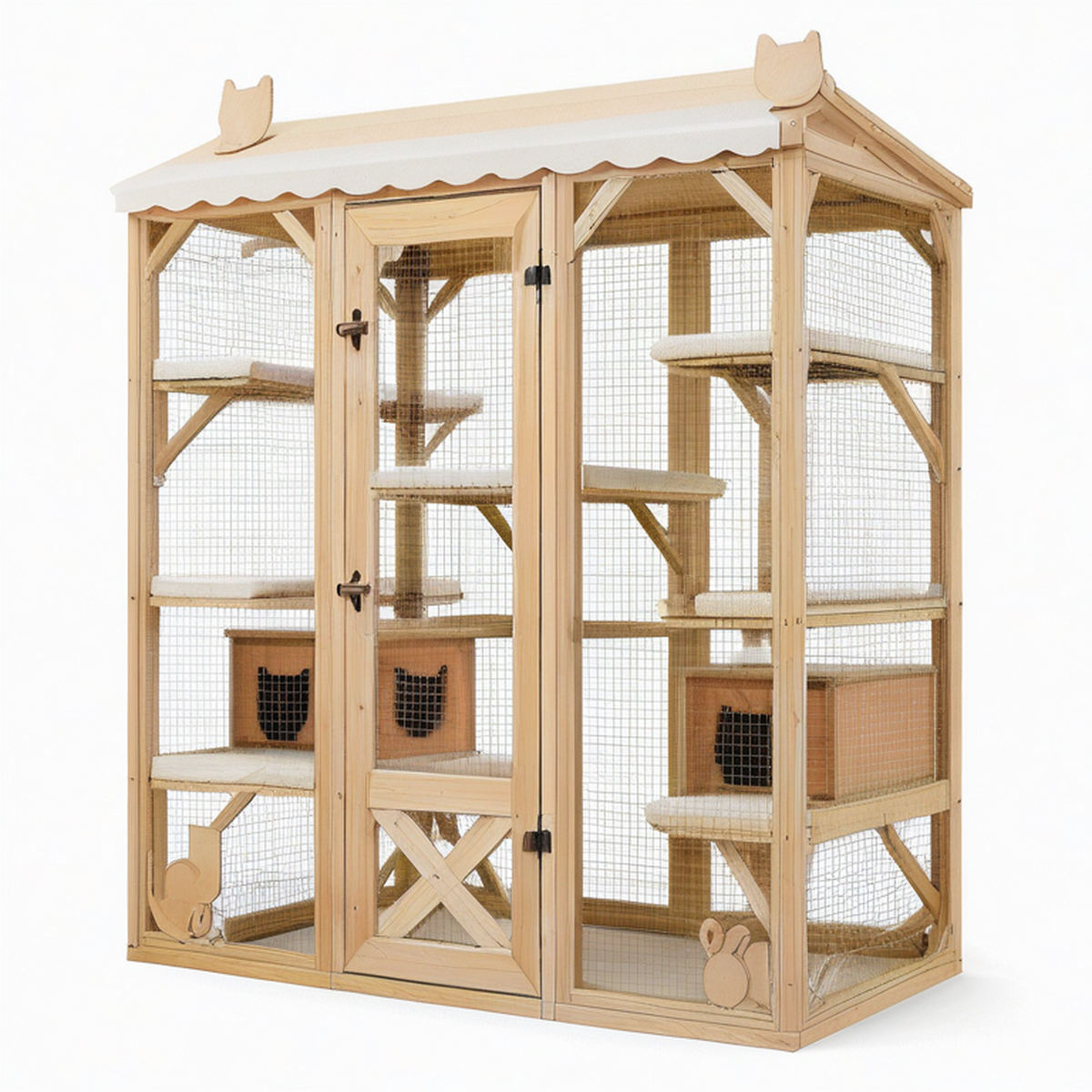 Enclos pour chat à plusieurs niveaux en bois naturel et grillage métallique, 170 x 100 x 180 cm