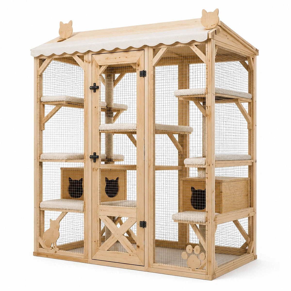 Enclos pour chat à plusieurs niveaux en bois naturel et grillage métallique, 170 x 100 x 180 cm