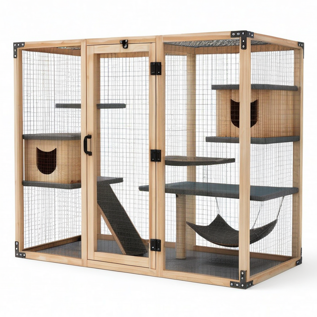 Enclos pour chat en bois naturel et grillage métallique, 180 x 100 x 180 cm, avec plateformes, 2 niches et 2 hamacs