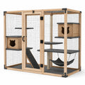Enclos pour chat en bois naturel et grillage métallique, 180 x 100 x 180 cm, avec plateformes, 2 niches et 2 hamacs