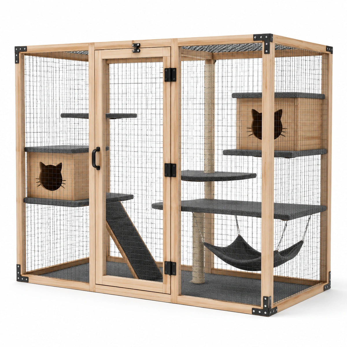 Enclos pour chat en bois naturel et grillage métallique, 180 x 100 x 180 cm, avec plateformes, 2 niches et 2 hamacs