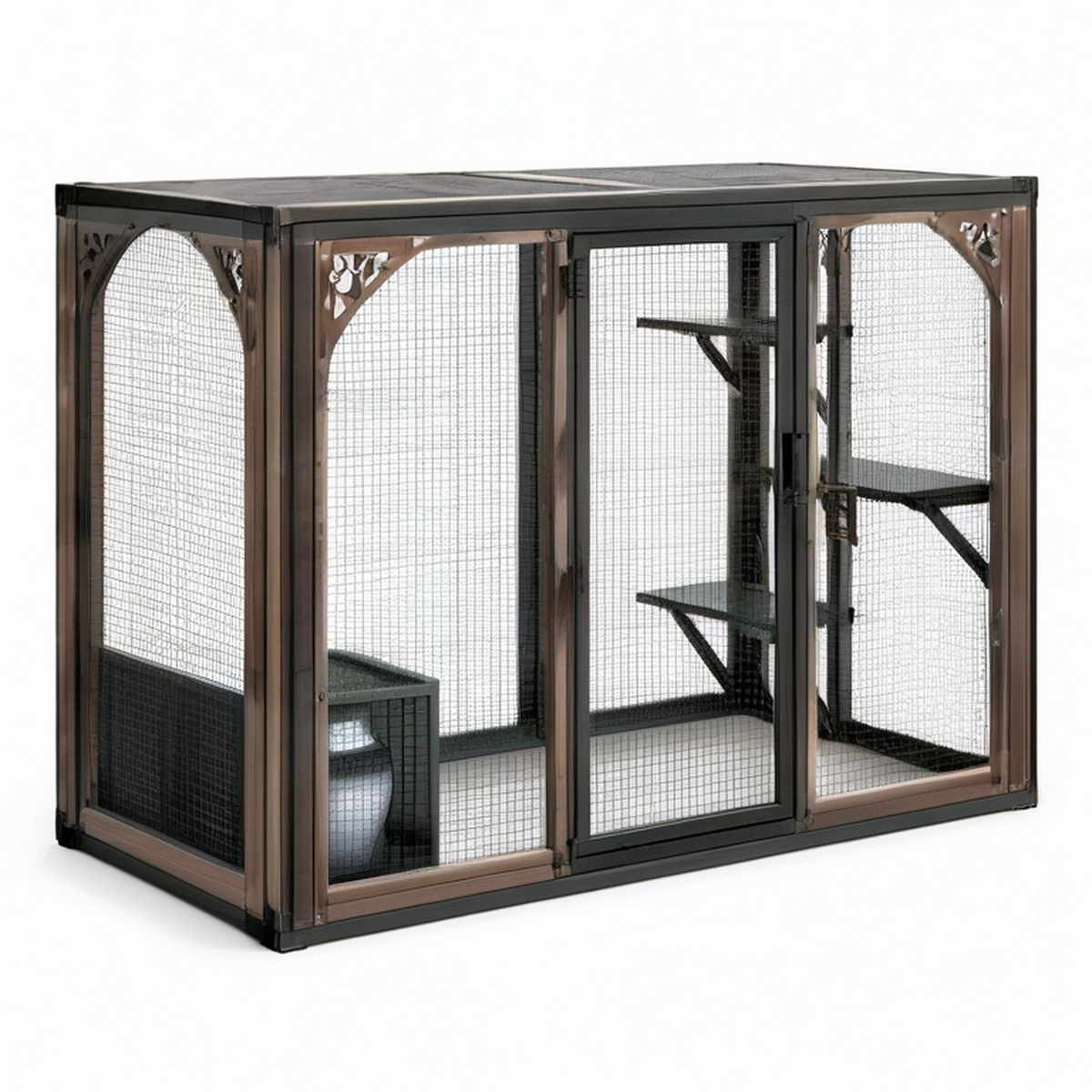 Enclos pour chat en bois et acier noir et bronze avec plateformes, 180 x 90 x 130 cm
