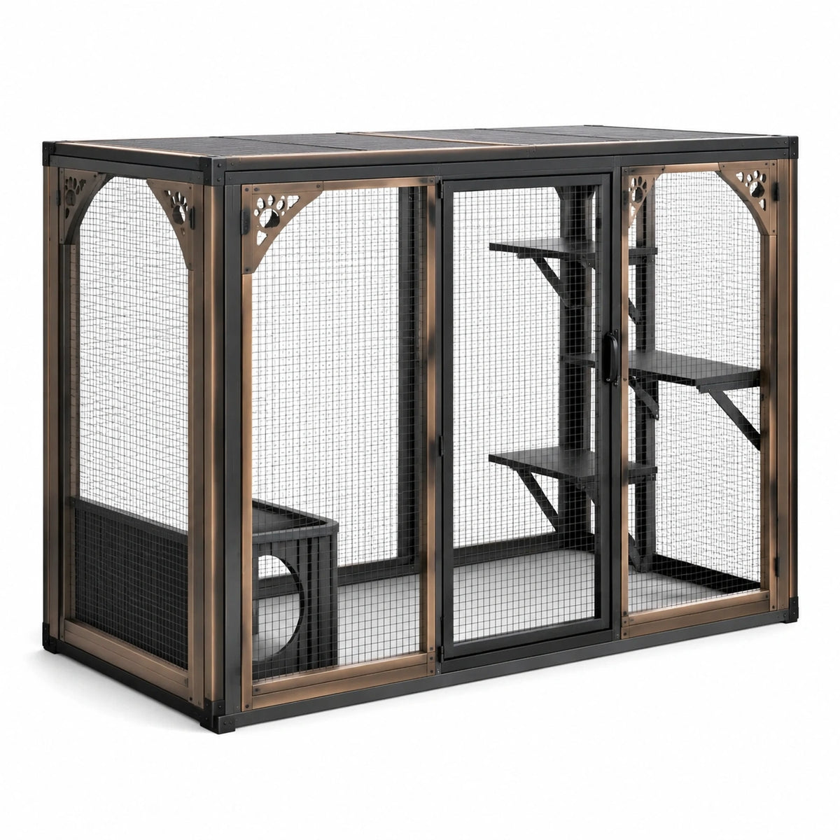 Enclos pour chat en bois et acier noir et bronze avec plateformes, 180 x 90 x 130 cm