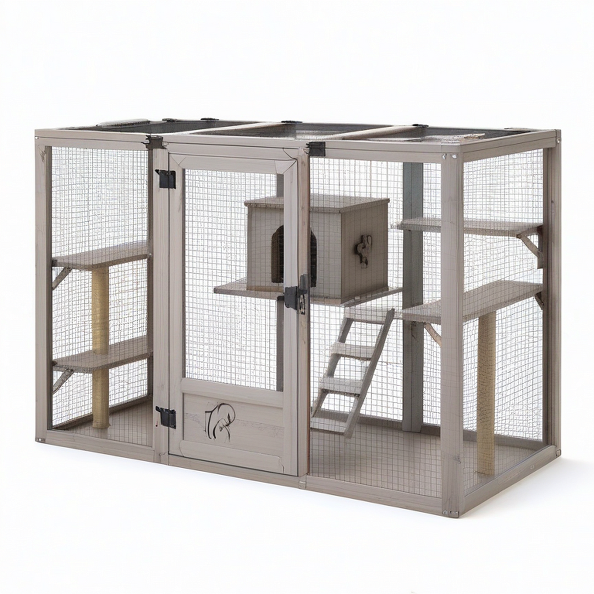 Enclos extérieur pour chats à plusieurs niveaux 180 x 80 x 170 cm en bois gris avec grillage en acier