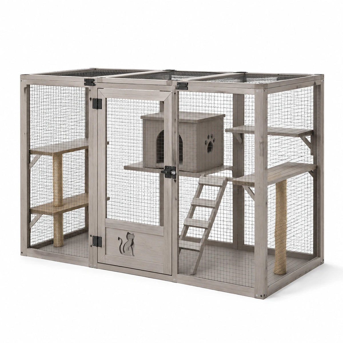 Enclos extérieur pour chats à plusieurs niveaux 180 x 80 x 170 cm en bois gris avec grillage en acier