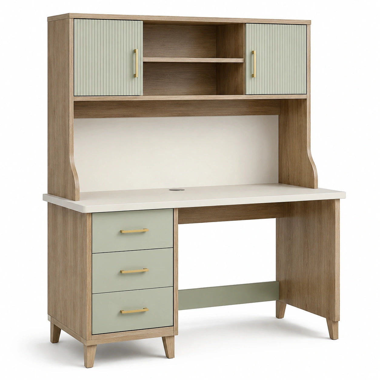Bureau avec rangements 120 x 60 x 155 cm, bois brun naturel, vert sauge et blanc cassé