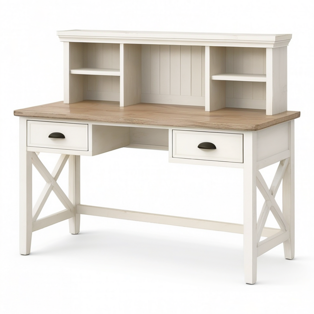 Bureau avec étagère supérieure et 2 tiroirs, 120 x 60 x 145 cm, blanc, bois naturel et noir