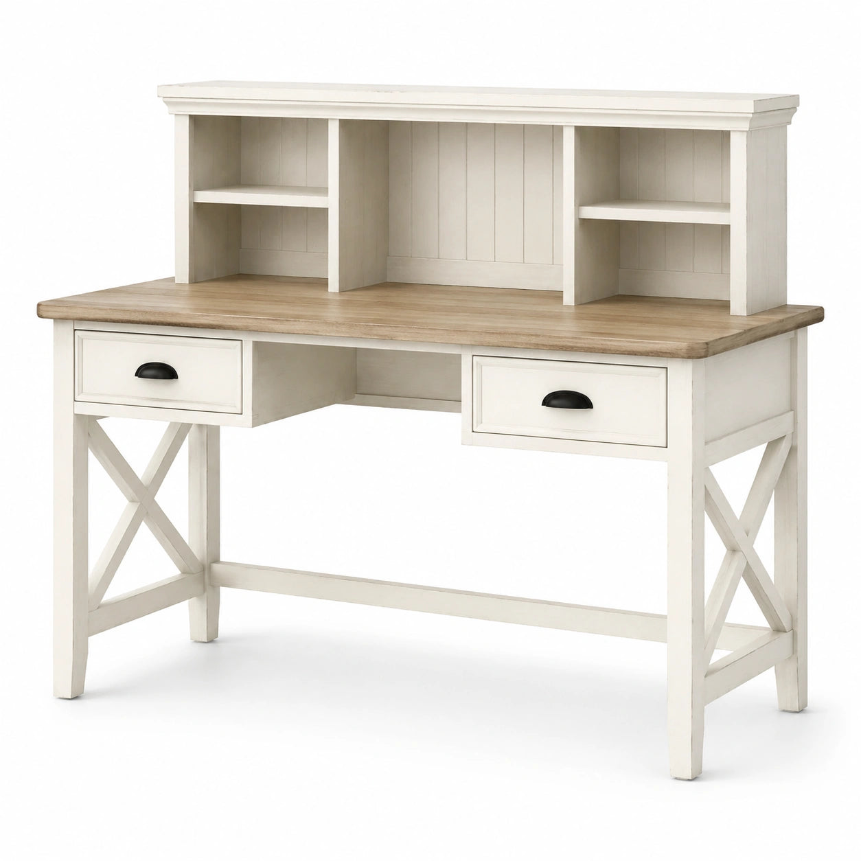 Bureau avec étagère supérieure et 2 tiroirs, 120 x 60 x 145 cm, blanc, bois naturel et noir