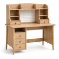 Bureau avec rangements effet chêne naturel, étagères, panneau perforé et 5 tiroirs, 120 x 60 x 145 cm