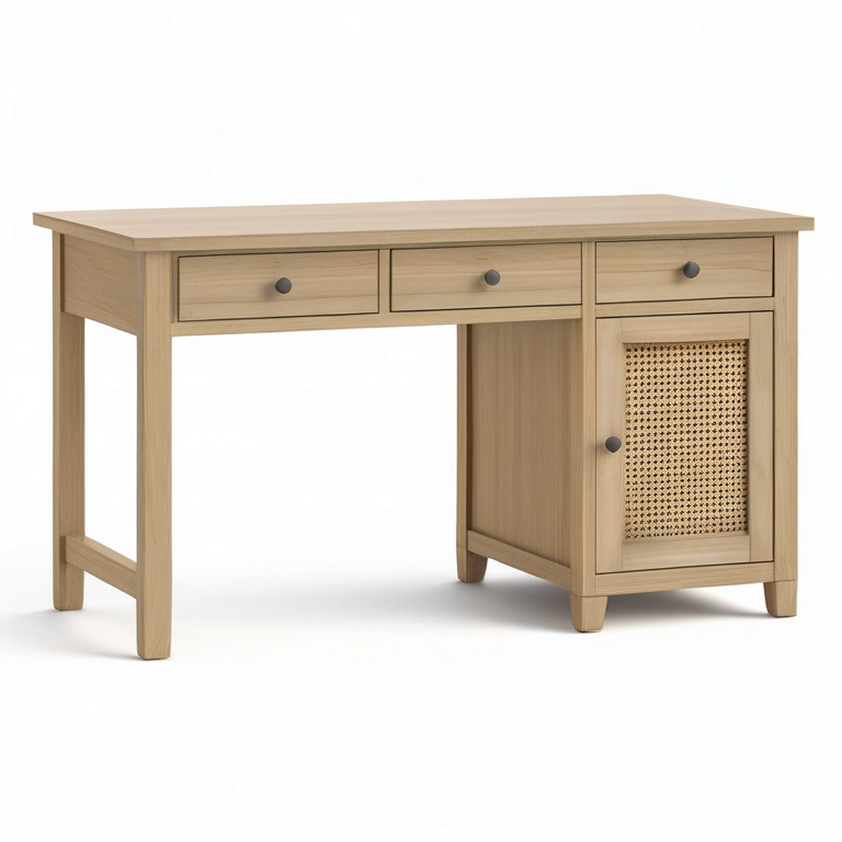 Bureau avec rangements en bois manufacturé et rotin tressé, chêne clair et noir, 120 x 50 x 76 cm