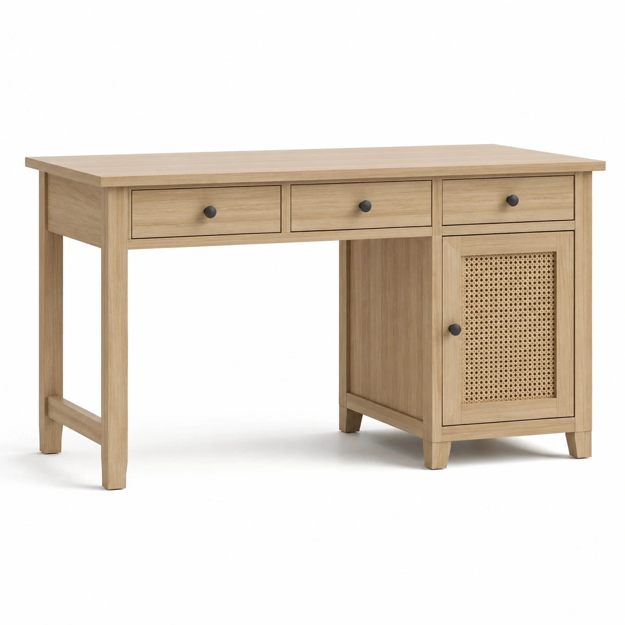 Bureau avec rangements en bois manufacturé et rotin tressé, chêne clair et noir, 120 x 50 x 76 cm