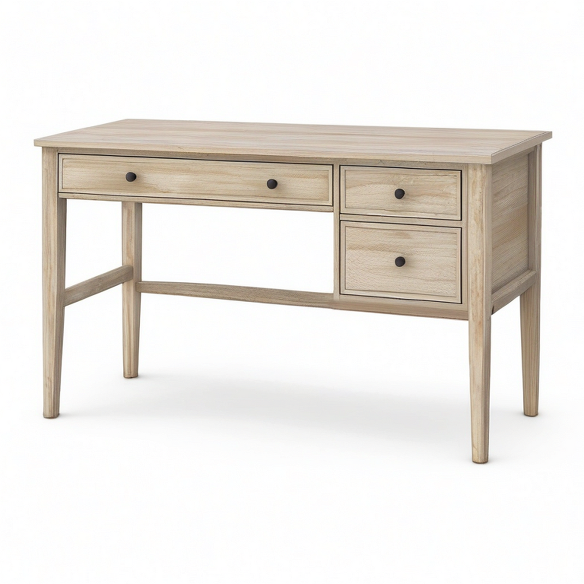 Bureau en bois chêne clair avec détails noirs, 3 tiroirs, 120 x 50 x 76 cm