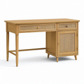 Bureau en bois naturel et cannage de rotin beige, 120 x 55 x 76 cm, 2 tiroirs et 1 porte, style vintage