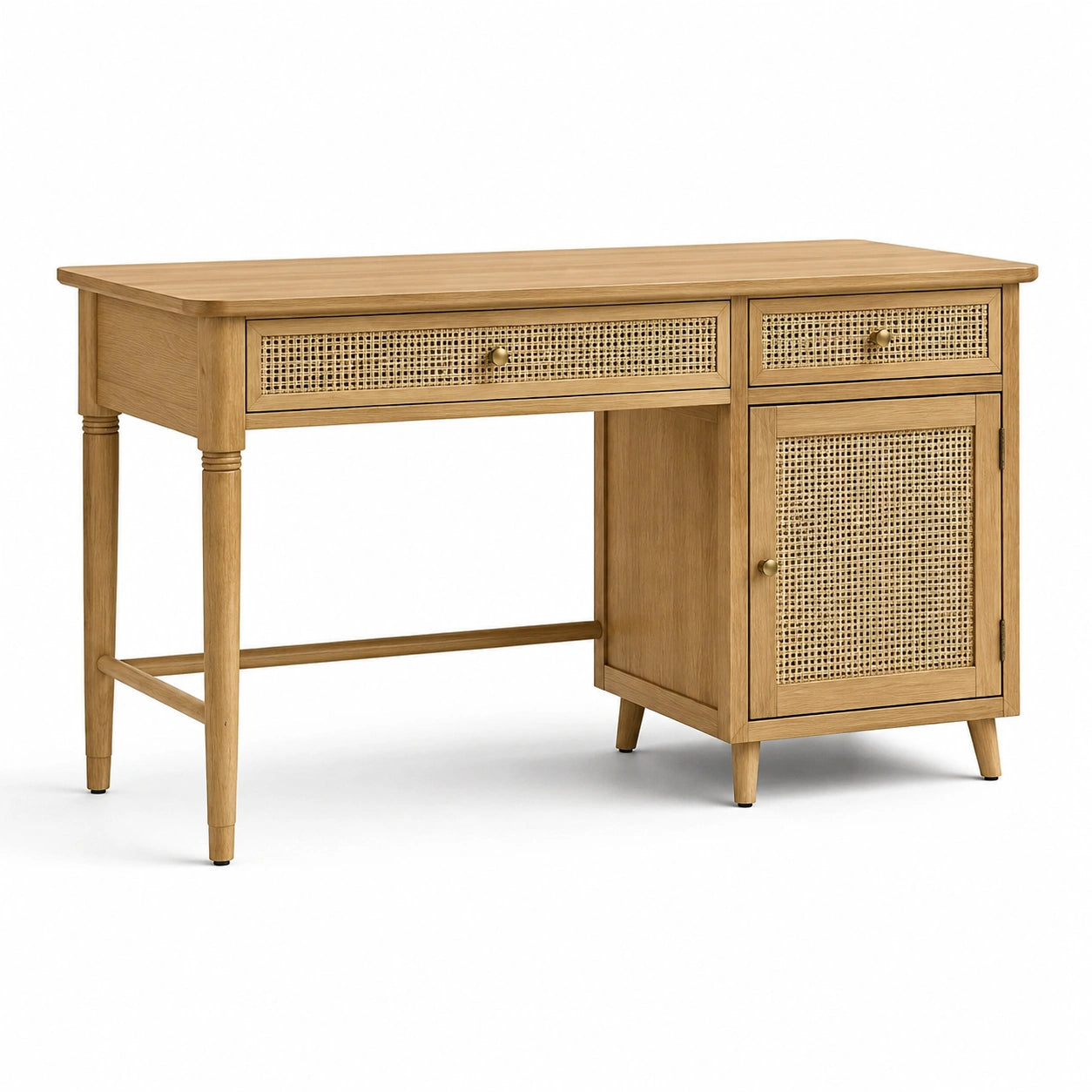Bureau en bois naturel et cannage de rotin beige, 120 x 55 x 76 cm, 2 tiroirs et 1 porte, style vintage