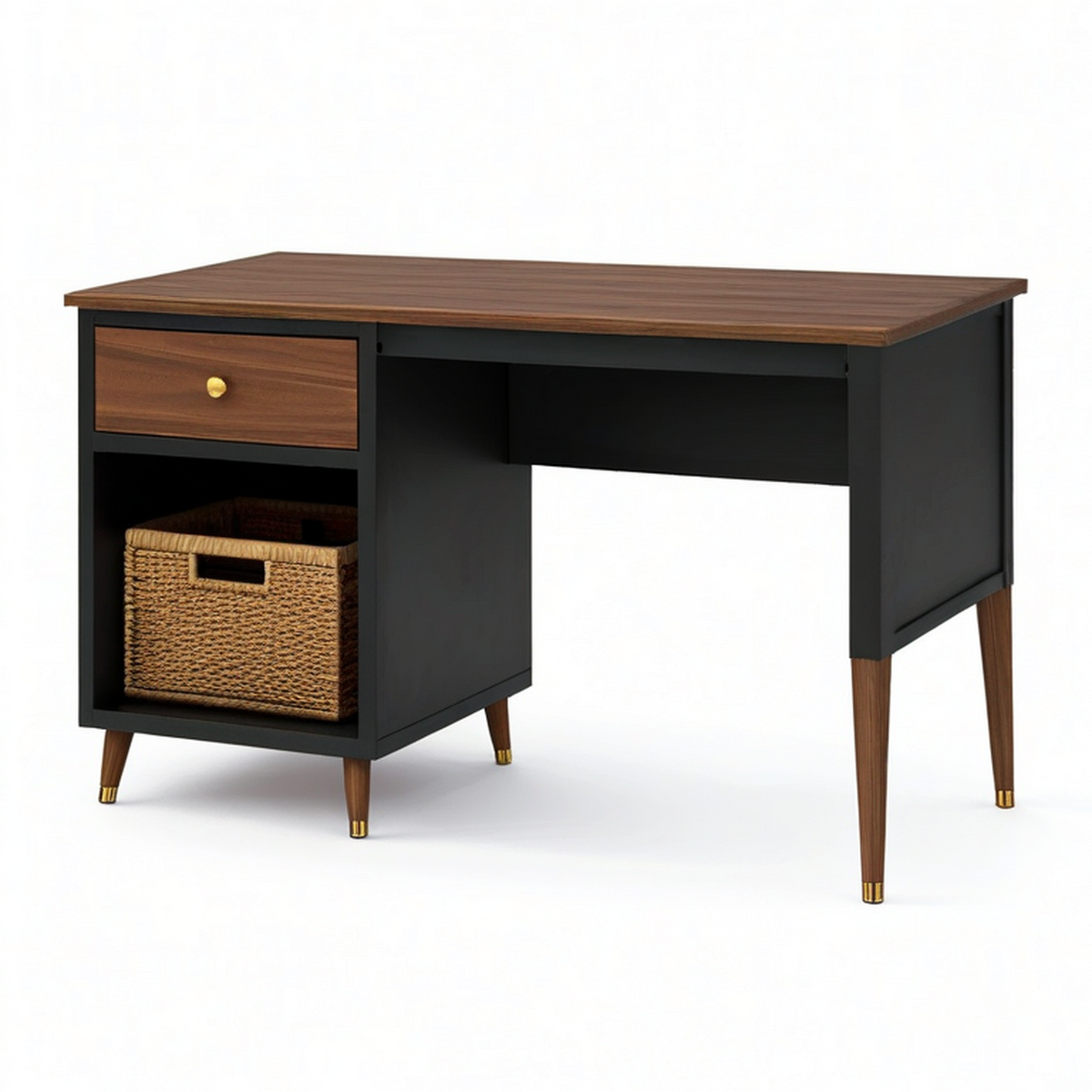 Bureau noir, marron et doré avec tiroir, niche et panier tressé, 120 x 55 x 76 cm