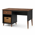 Bureau noir, marron et doré avec tiroir, niche et panier tressé, 120 x 55 x 76 cm