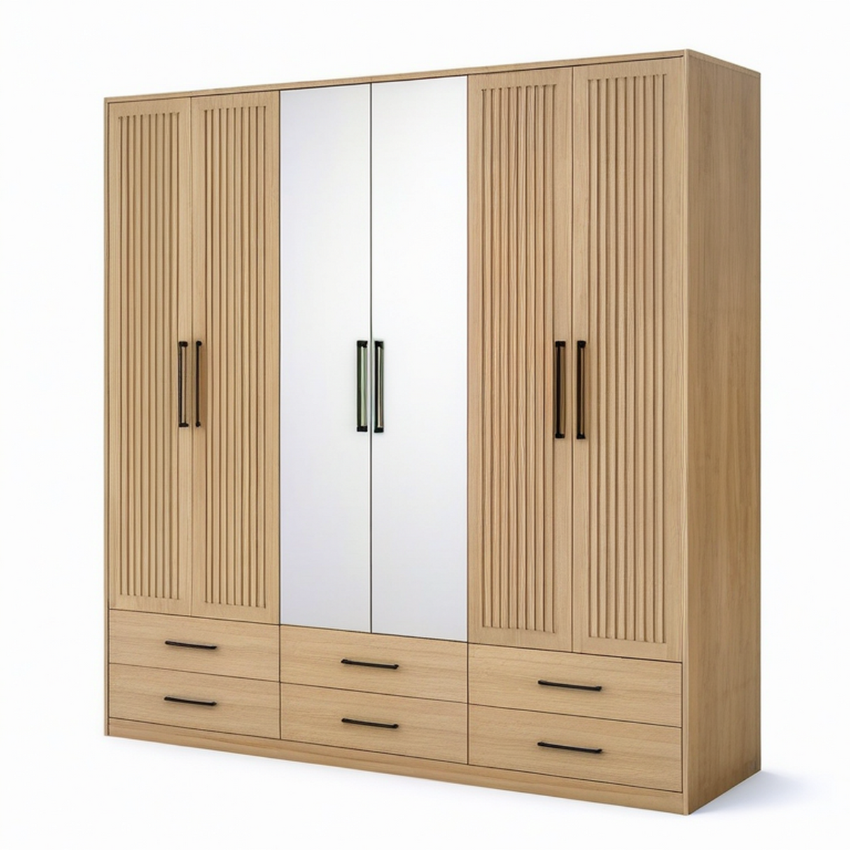 Armoire-penderie effet chêne clair à 6 portes avec 2 miroirs et 6 tiroirs, 240 x 55 x 220 cm
