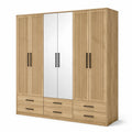 Armoire-penderie effet chêne clair à 6 portes avec 2 miroirs et 6 tiroirs, 240 x 55 x 220 cm