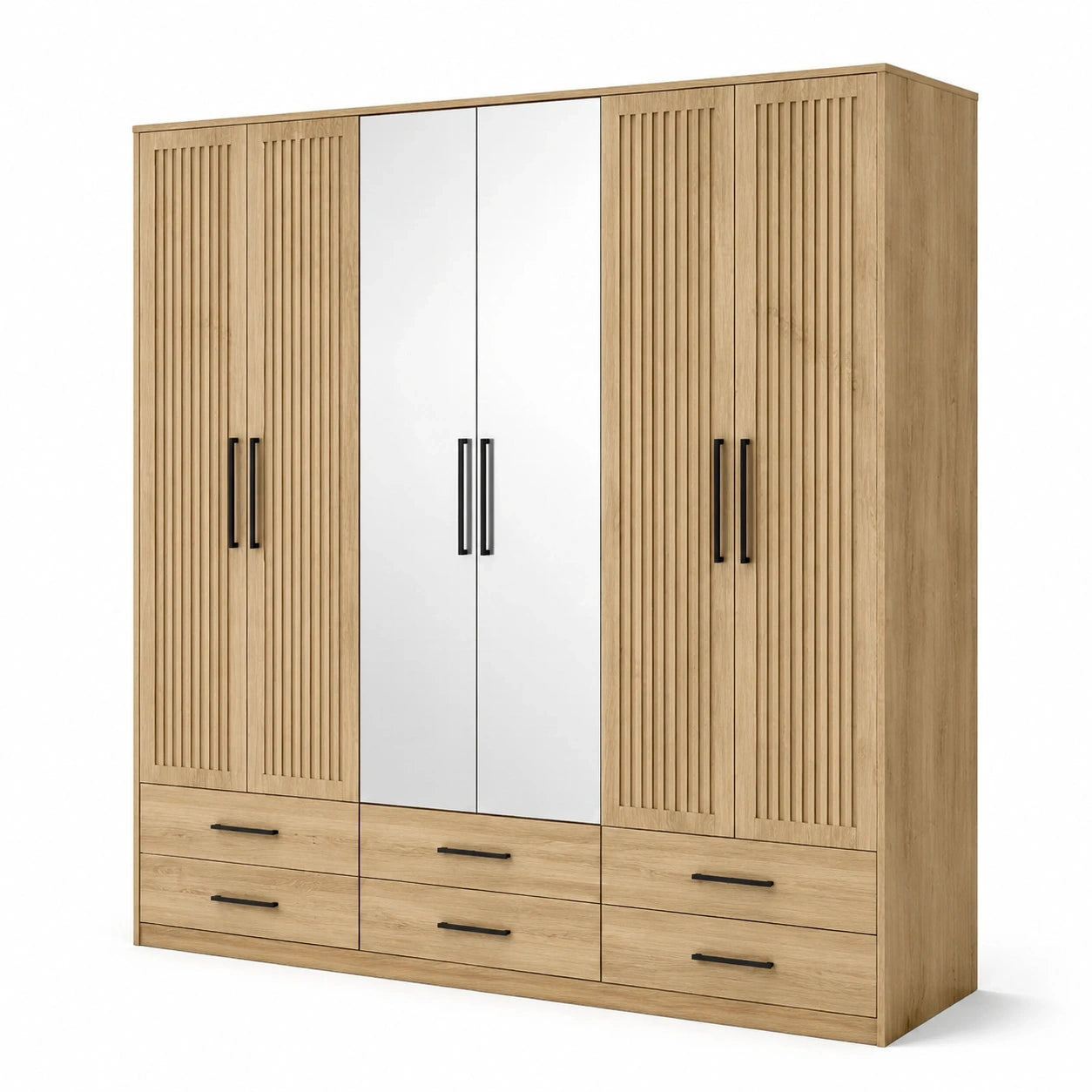 Armoire-penderie effet chêne clair à 6 portes avec 2 miroirs et 6 tiroirs, 240 x 55 x 220 cm