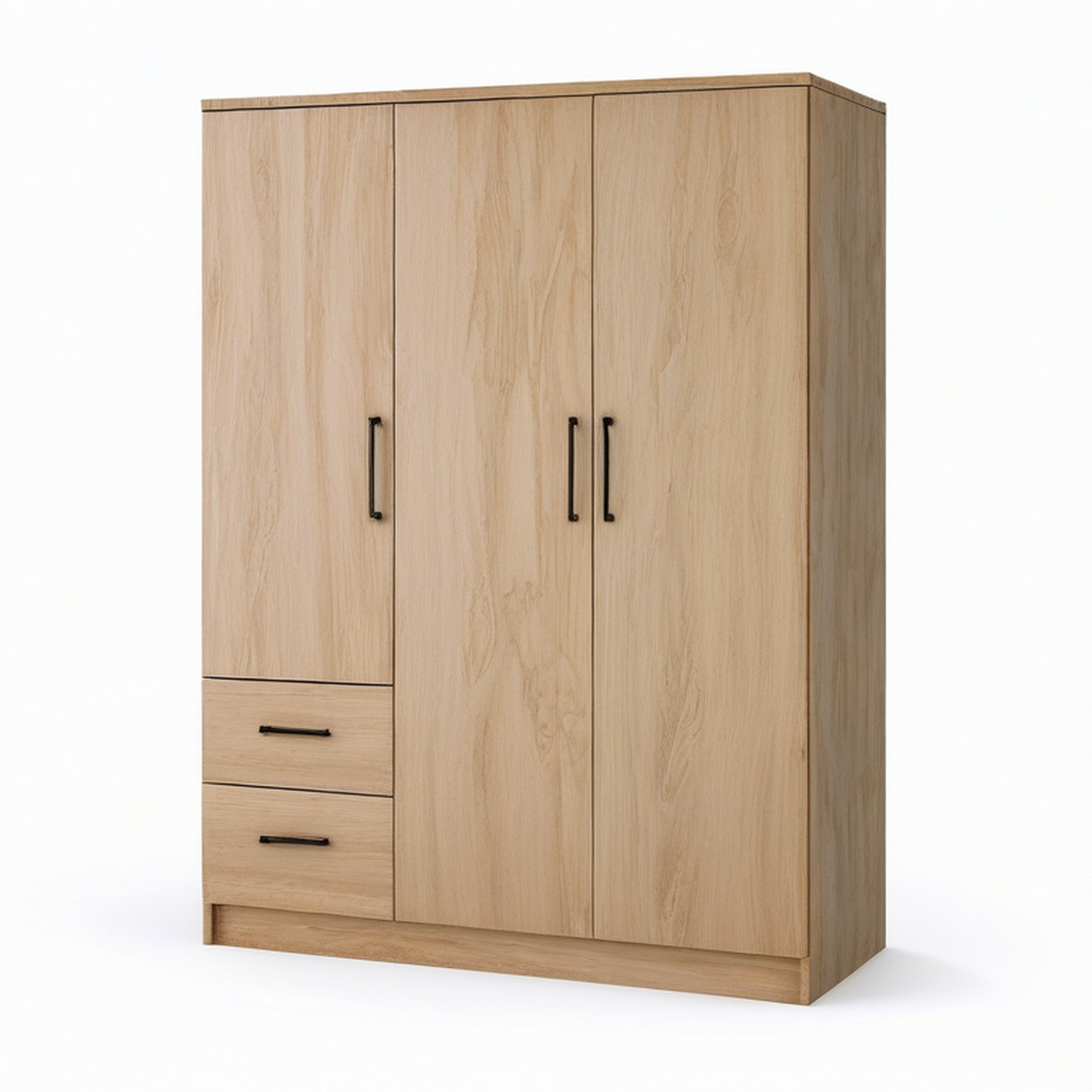 Armoire effet chêne naturel 150 x 55 x 200 cm avec 3 portes, 2 tiroirs et poignées noires
