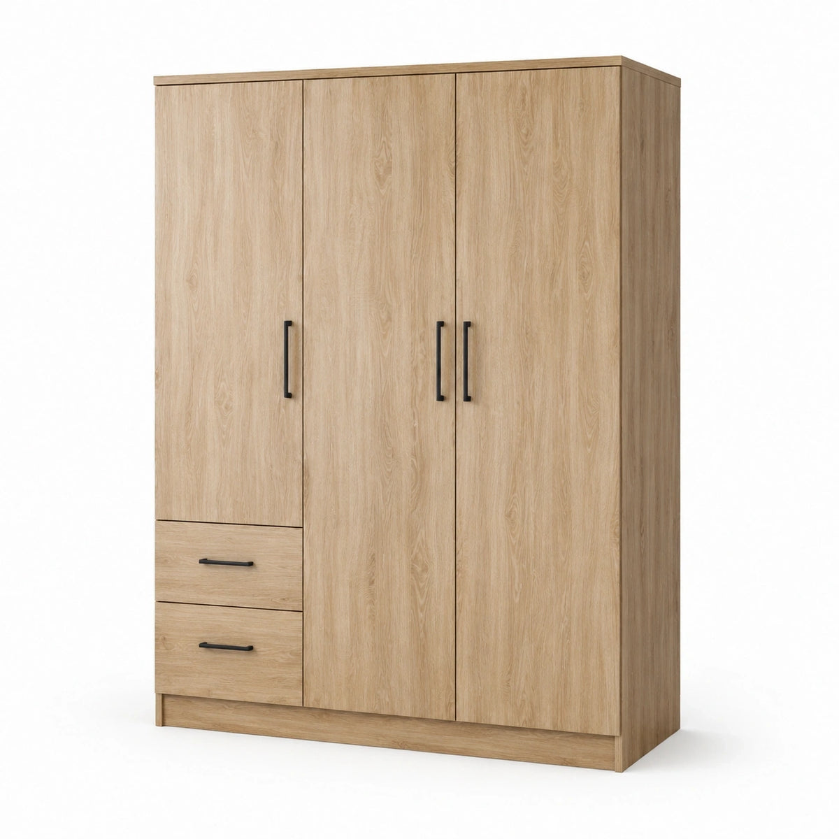 Armoire effet chêne naturel 150 x 55 x 200 cm avec 3 portes, 2 tiroirs et poignées noires