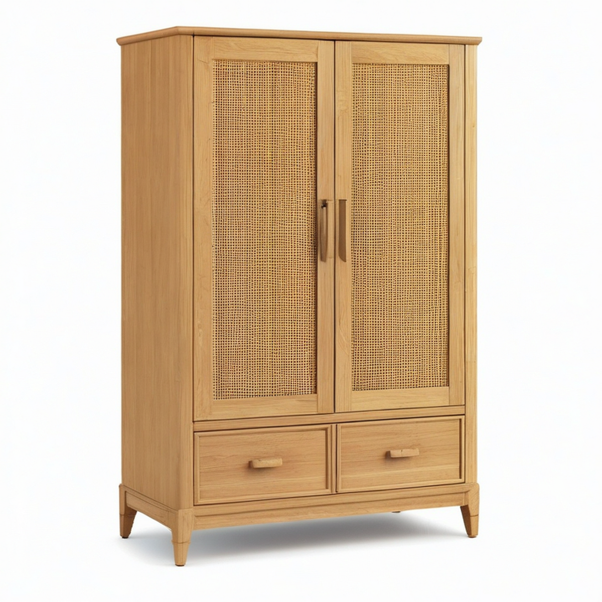 Armoire en bois marron clair et cannage beige, 2 portes et 2 tiroirs, 100 x 50 x 180 cm
