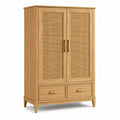 Armoire en bois marron clair et cannage beige, 2 portes et 2 tiroirs, 100 x 50 x 180 cm