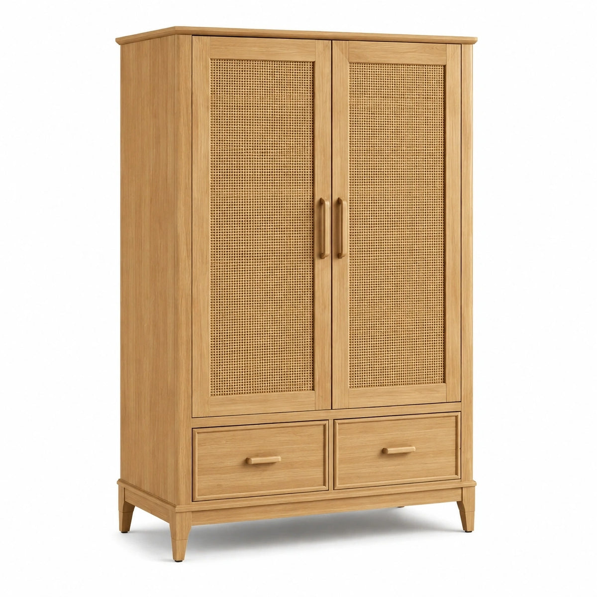 Armoire en bois marron clair et cannage beige, 2 portes et 2 tiroirs, 100 x 50 x 180 cm