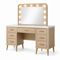 Coiffeuse en bois clair avec miroir lumineux, 7 tiroirs et finitions dorées, 140 x 45 x 145 cm
