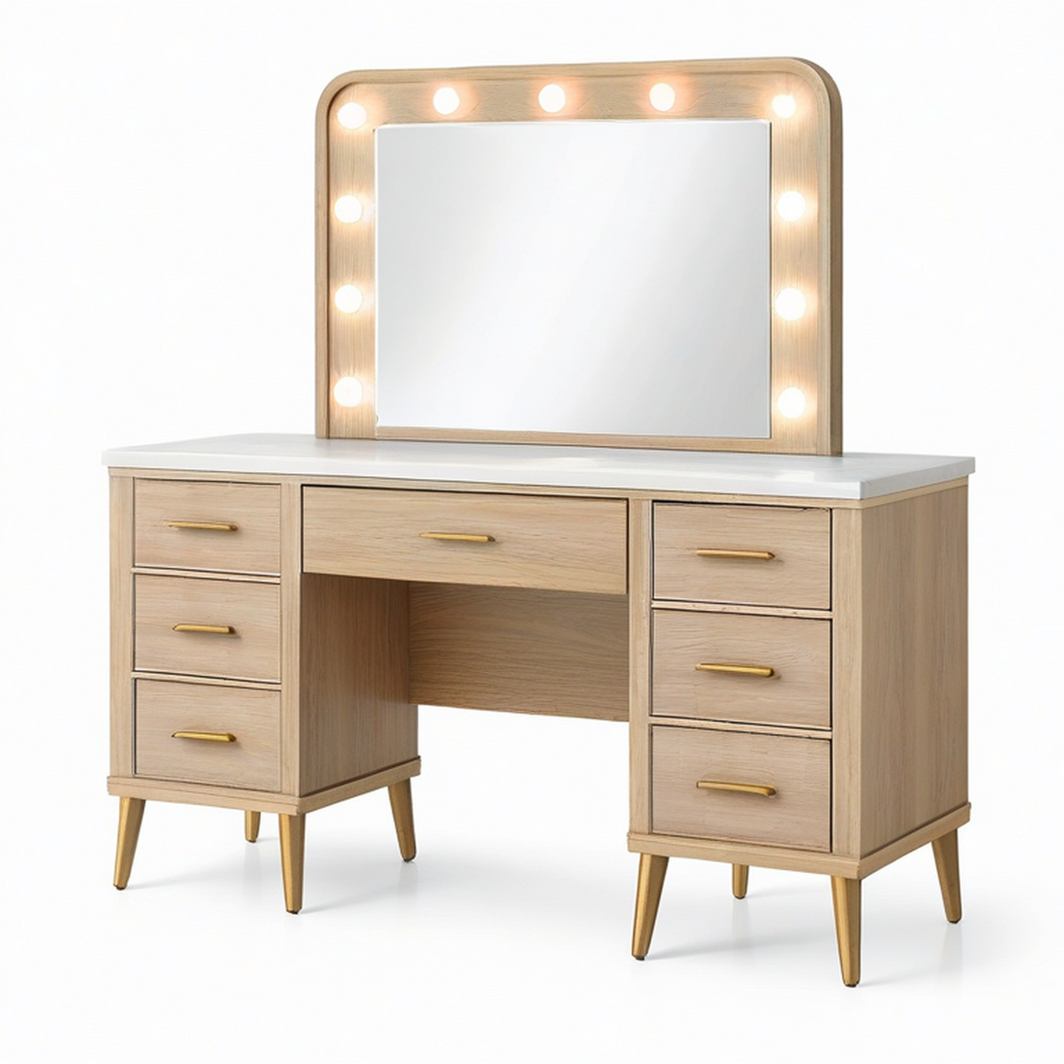 Coiffeuse en bois clair avec miroir lumineux, 7 tiroirs et finitions dorées, 140 x 45 x 145 cm