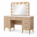 Coiffeuse en bois clair avec miroir lumineux, 7 tiroirs et finitions dorées, 140 x 45 x 145 cm