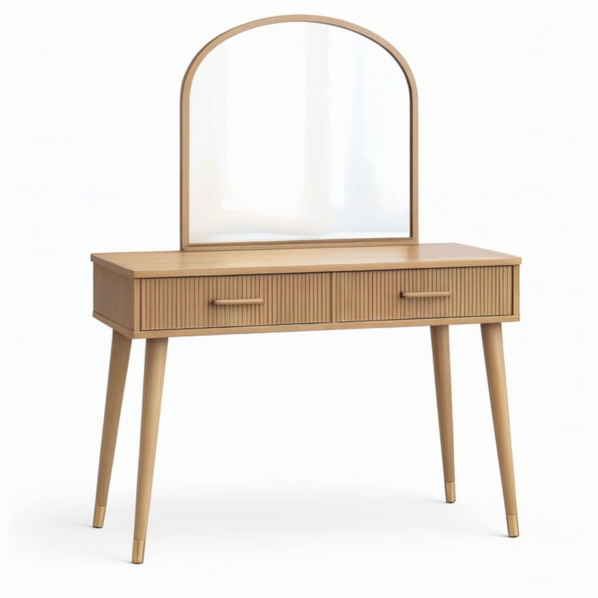 Coiffeuse en bois beige et doré avec miroir arqué et 2 tiroirs, 100 x 40 x 135 cm