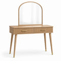 Coiffeuse en bois beige et doré avec miroir arqué et 2 tiroirs, 100 x 40 x 135 cm