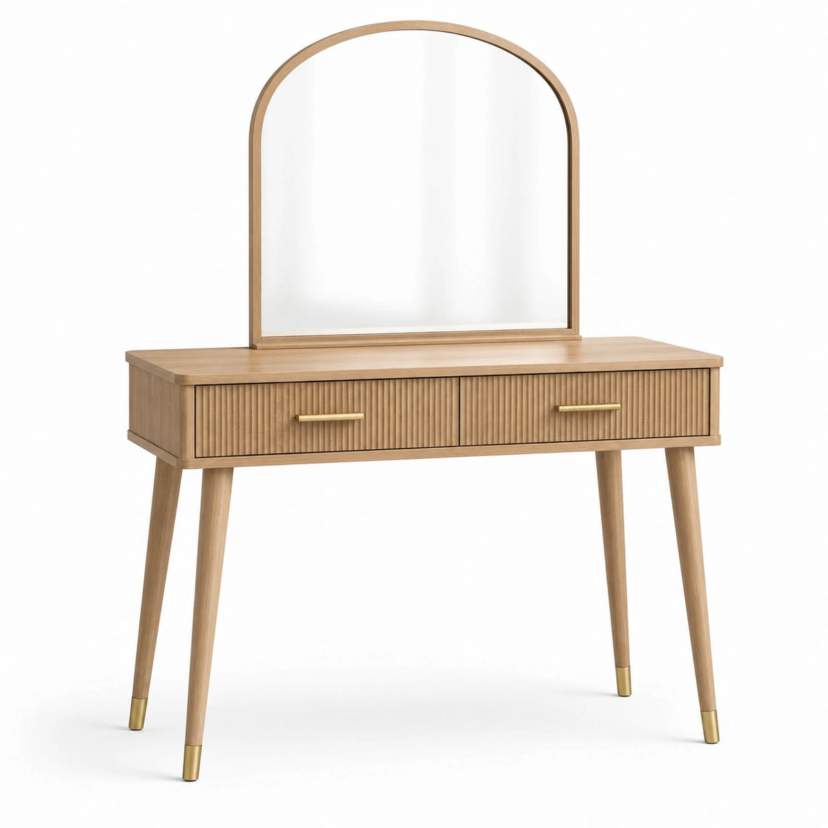 Coiffeuse en bois beige et doré avec miroir arqué et 2 tiroirs, 100 x 40 x 135 cm