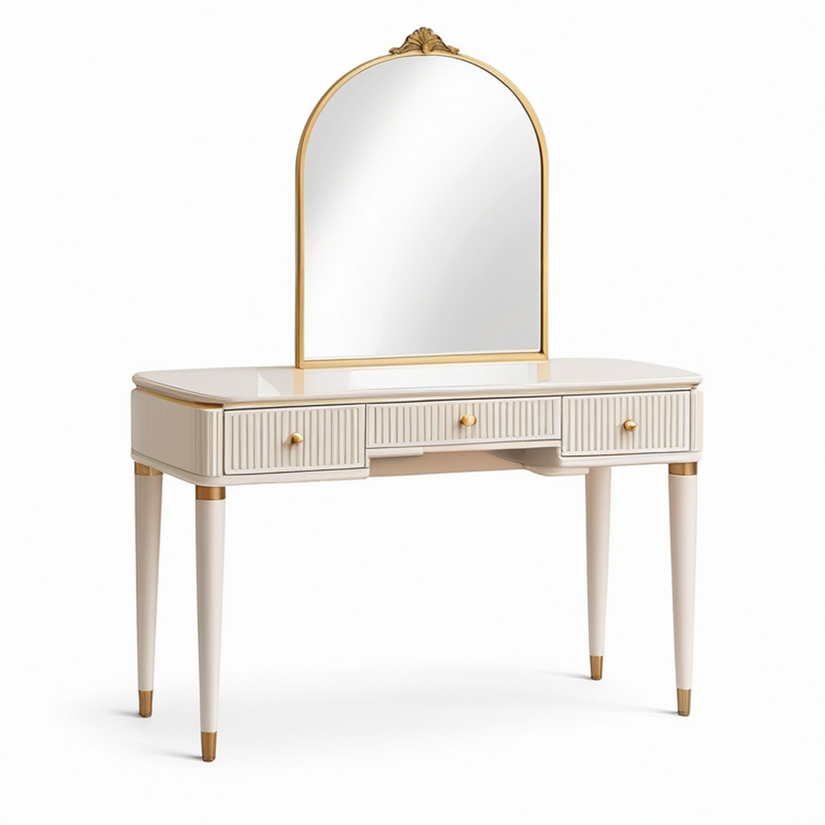 Coiffeuse blanche et dorée avec miroir cintré et 3 tiroirs, 120 x 45 x 150 cm