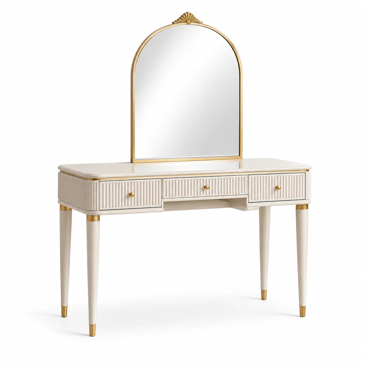 Coiffeuse blanche et dorée avec miroir cintré et 3 tiroirs, 120 x 45 x 150 cm