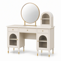 Coiffeuse blanc cassé 120 x 45 x 76 cm avec miroir rond, 3 tiroirs et placards