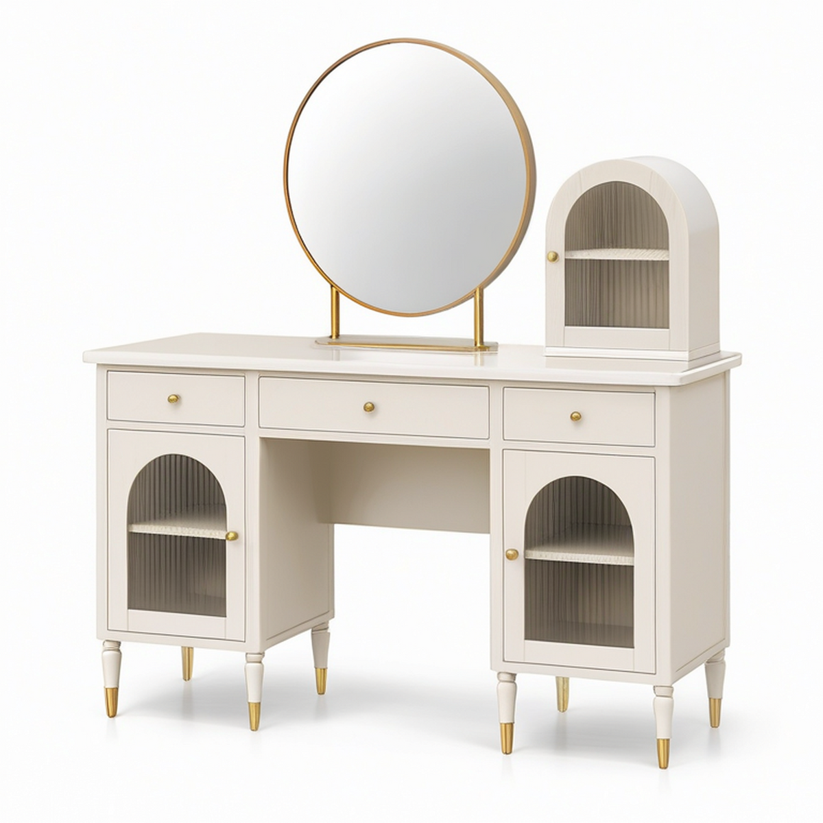 Coiffeuse blanc cassé 120 x 45 x 76 cm avec miroir rond, 3 tiroirs et placards