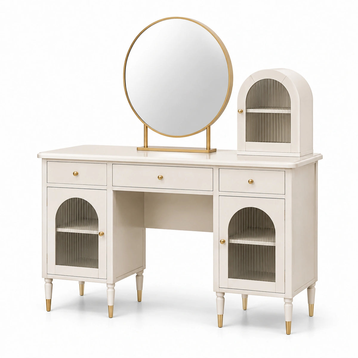 Coiffeuse blanc cassé 120 x 45 x 76 cm avec miroir rond, 3 tiroirs et placards