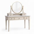 Coiffeuse en bois ivoire, doré et blanc avec miroir rond et 5 tiroirs, 120 x 50 x 150 cm