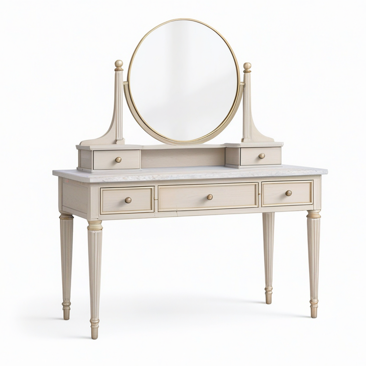 Coiffeuse en bois ivoire, doré et blanc avec miroir rond et 5 tiroirs, 120 x 50 x 150 cm