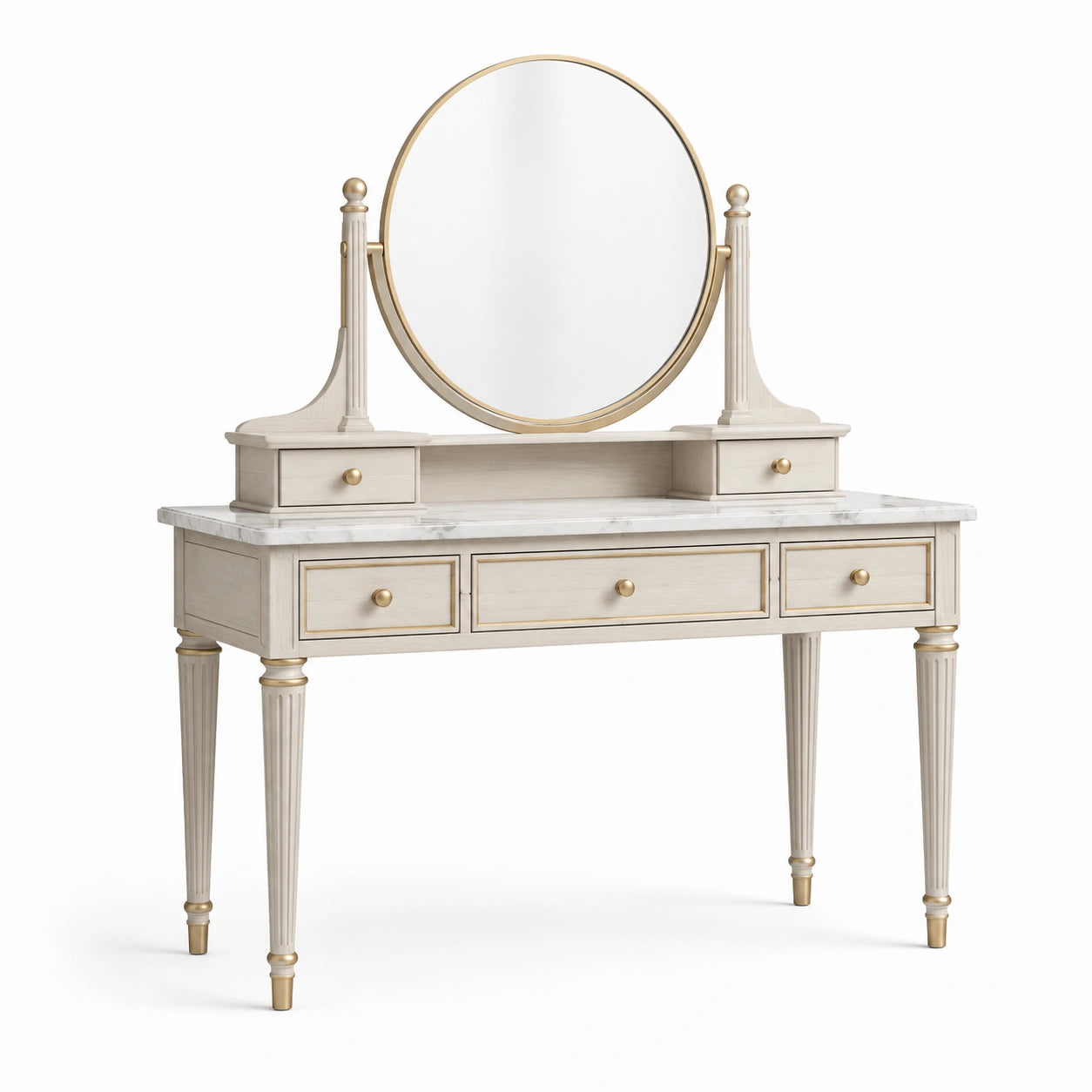 Coiffeuse en bois ivoire, doré et blanc avec miroir rond et 5 tiroirs, 120 x 50 x 150 cm