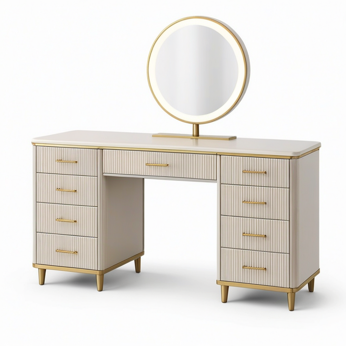 Coiffeuse ivoire et dorée avec miroir lumineux et 9 tiroirs, 120 x 40 x 145 cm