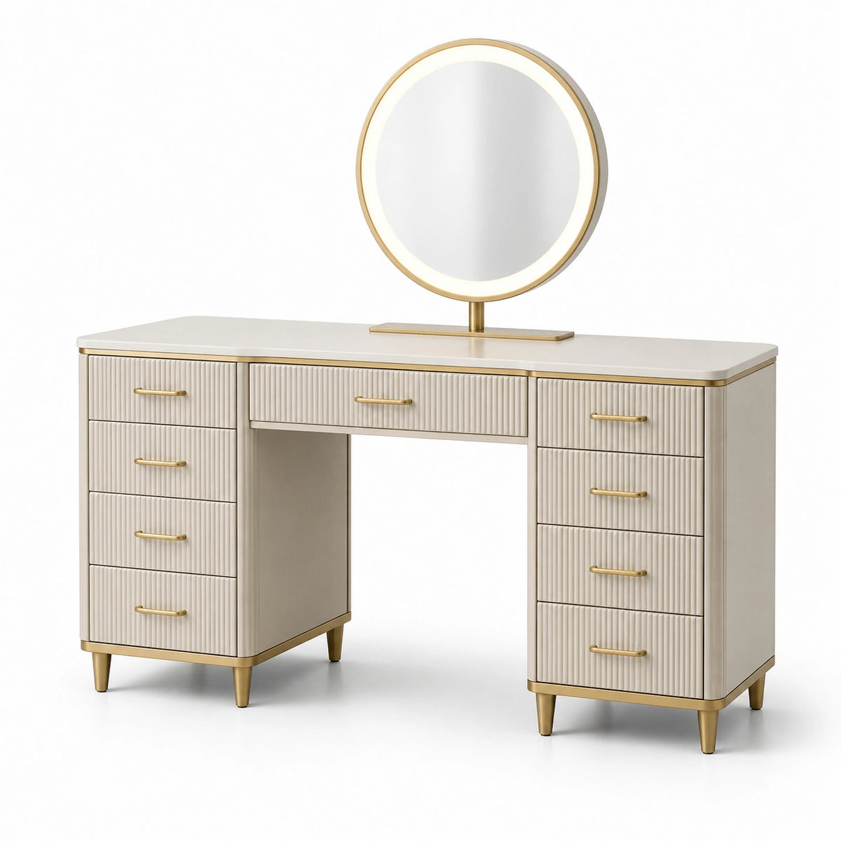 Coiffeuse ivoire et dorée avec miroir lumineux et 9 tiroirs, 120 x 40 x 145 cm