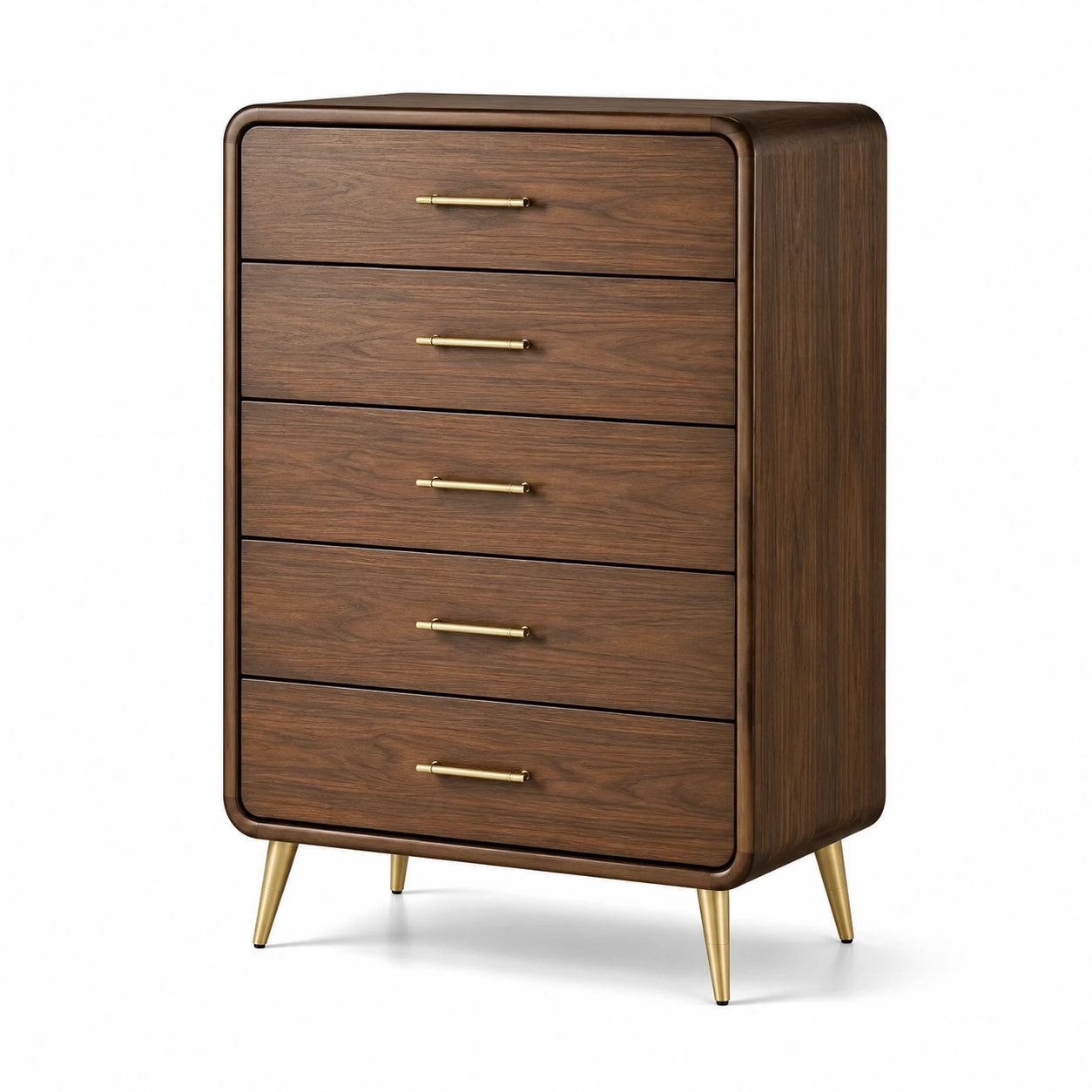 Commode haute à 5 tiroirs, 80 x 42 x 120 cm, brun noyer avec poignées et pieds dorés
