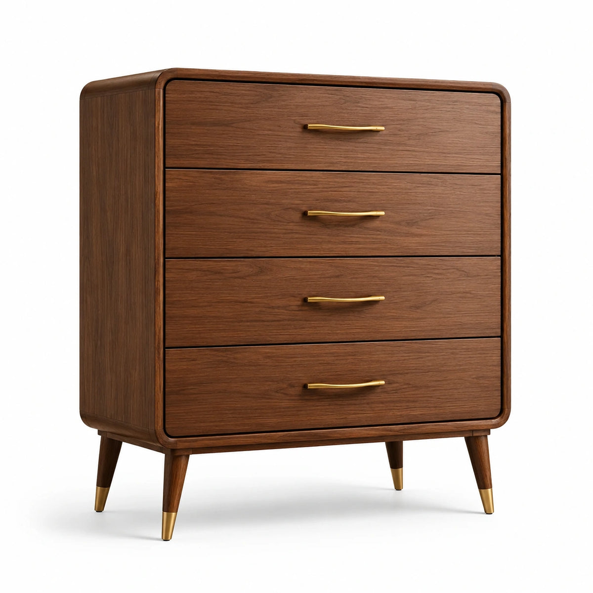 Commode en bois brun à 4 tiroirs avec détails dorés, 90 x 45 x 105 cm