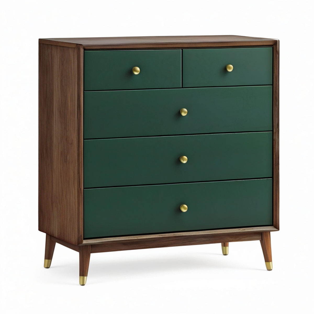 Commode rétro à 5 tiroirs, 90 x 40 x 100 cm, vert foncé et noyer avec boutons dorés