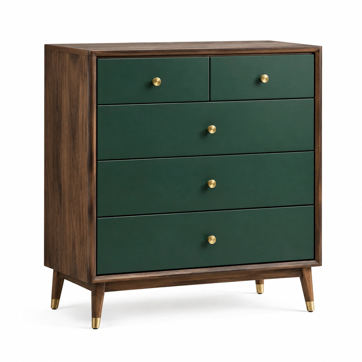 Commode rétro à 5 tiroirs, 90 x 40 x 100 cm, vert foncé et noyer avec boutons dorés