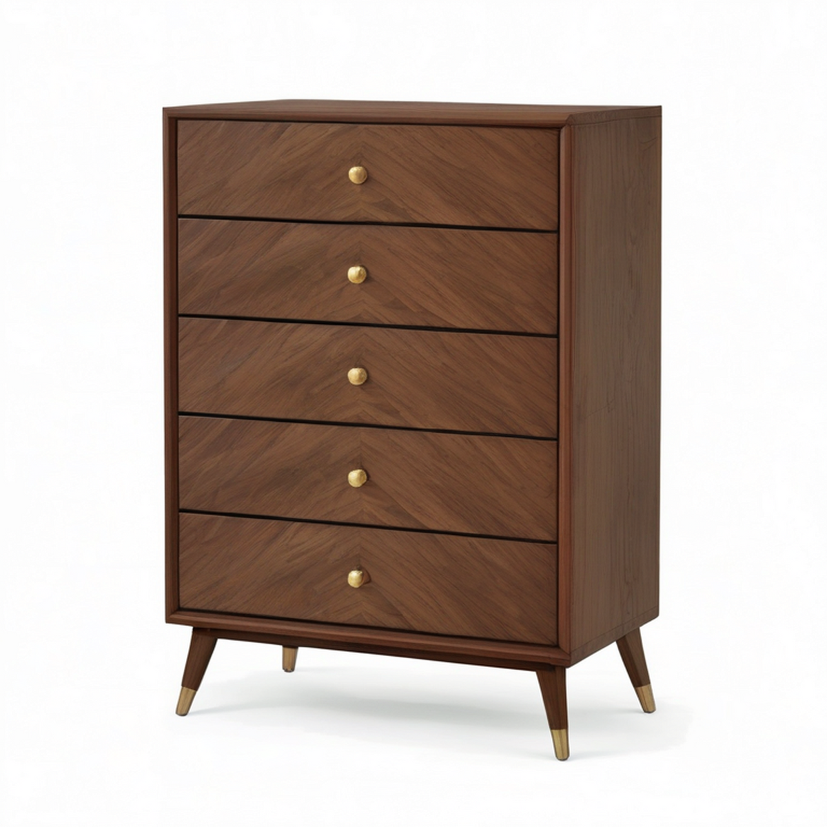 Commode haute à 5 tiroirs en bois brun avec finitions dorées, 80 x 42 x 118 cm